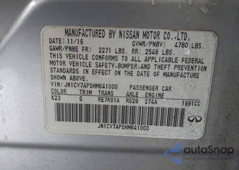 2017 Infiniti Q50 2.0T Base from USA, damaged, VIN JN1CV7AP0HM641000